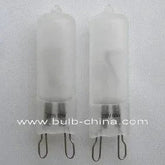 Two 60W G9 base halogen bulbs 230V on white background